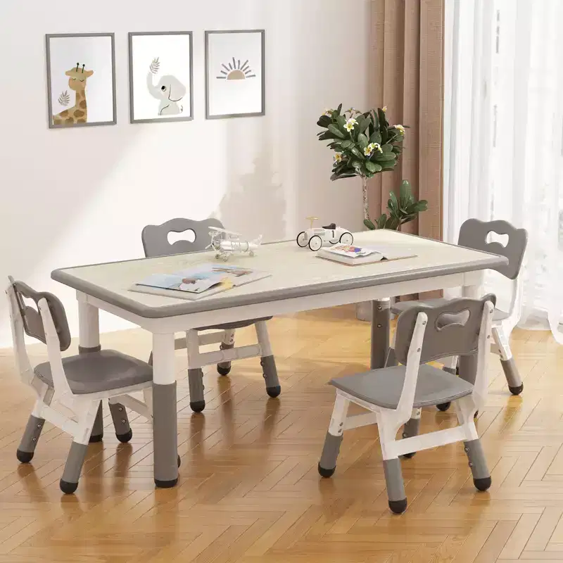GustoWave Kids Table and Chair Sets, Height Adjustable Toddler Table and 4 Chairs Set, Easy to Wipe Drawing Tabletop, for Classrooms,Dark Grey