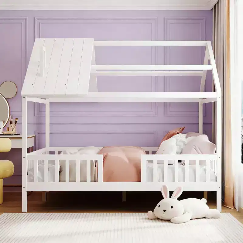 Luxystar Full Size House Bed with Roof and Fence for Kids Room, White