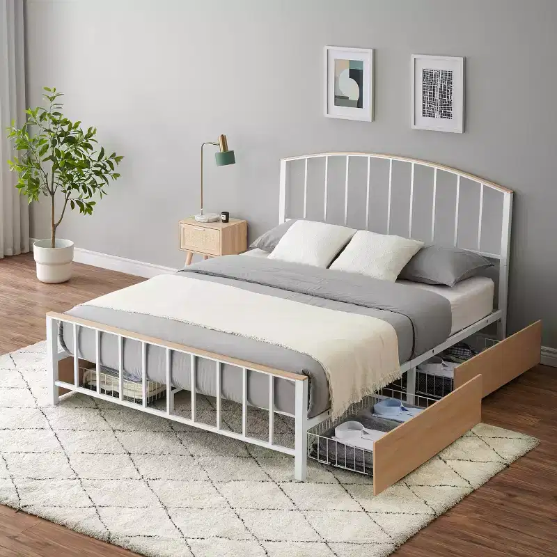 Platform Bed Frame with 4 Storage Drawers, Mattress Foundation with Headboard & Footboard, Oak Color