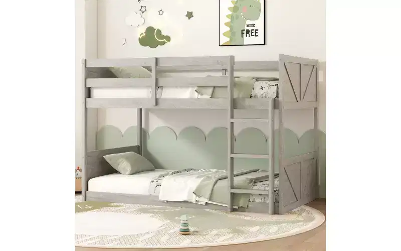 Low Twin Over Twin Bunk Bed, Solid Rubberwood Frame with Built-in Ladder, Space Saving, No Box Spring Needed, White