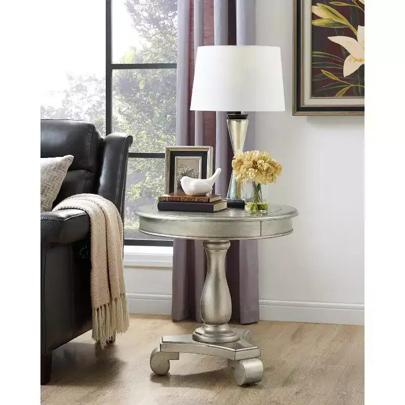 Round Wood Pedestal Side Table, Champagne