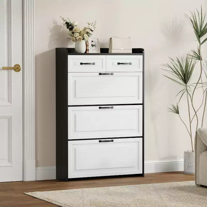 Narrow Shoe Organizer Cabinet with 3 Large Flip Drawers & 2 Storage Drawers - Slim Shoe Storage for Entryway, Hallway, Bedroom