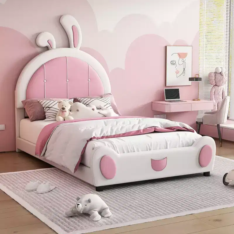 Rabbit Shaped Platform Bed Frame for Kids, Cute Twin PU Upholstered Bed Frame with Headboard for Boys Girls, White+Pink