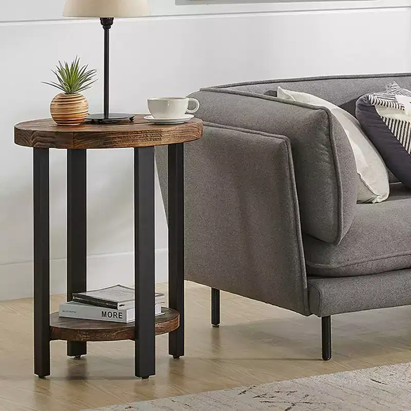 Alaterre Furniture 27" Pomona Diameter Round End Table Rustic Natural: Solid Wood, Metal Legs, Fixed Lower Shelf, Stained Finish
