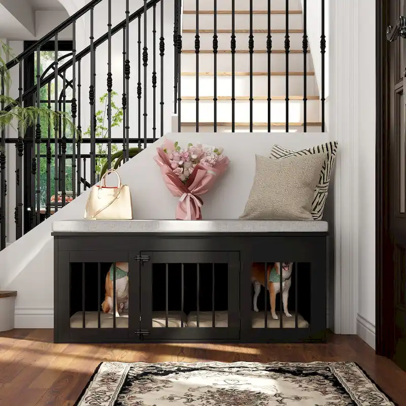 Black Wooden Dog Crate with Cushion Bench Top, Single Dog, 47.2