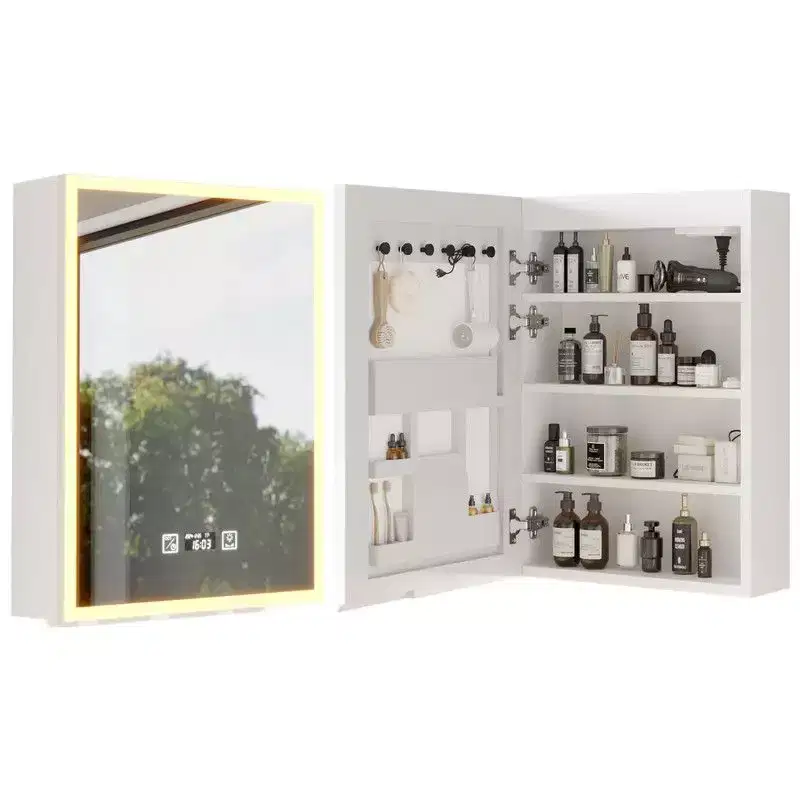 Karl Home White LED Mirror Cabinet Acrylic Frame with Time & Temperature Display Three-color Lighting, 2 Plugs & 2 USB