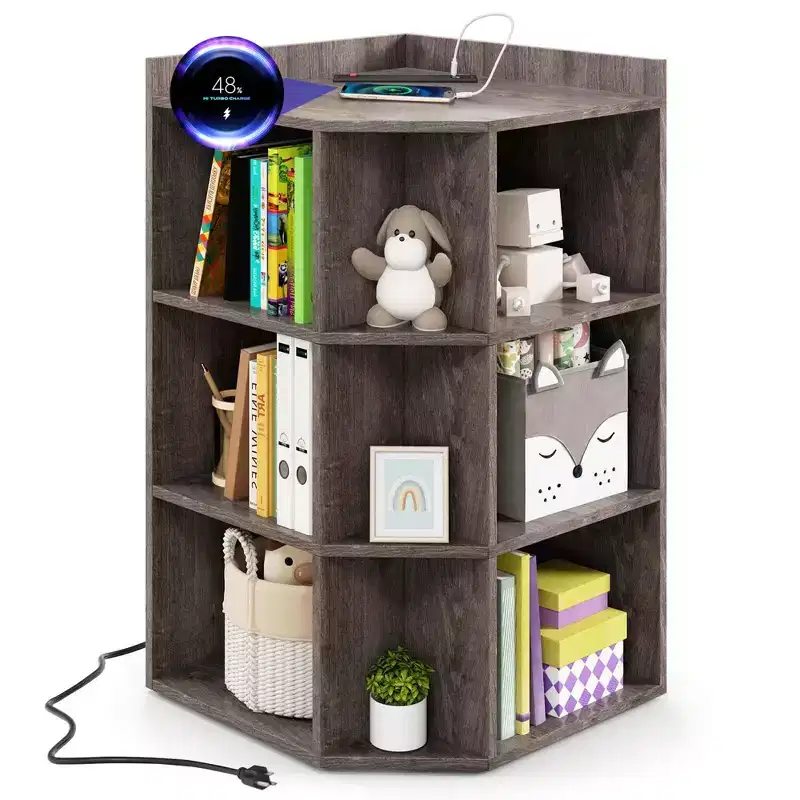 Costway 3-Tier Kids Corner Toy Storage Organizer with USB Ports and Outlets 9 Cubbies Grey/White