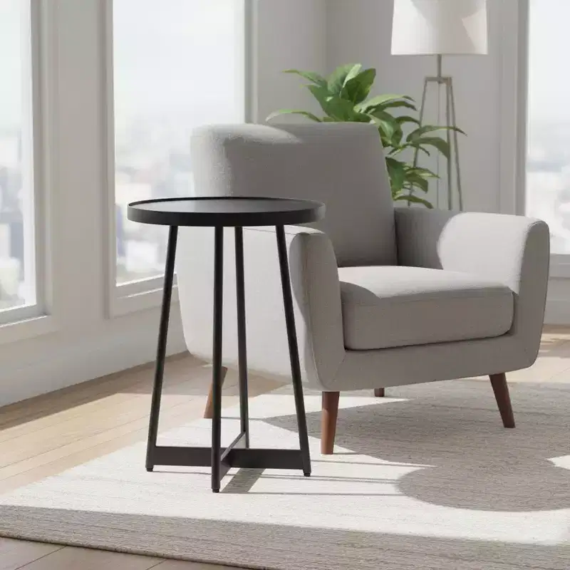 Round Metal & Wood Accent Table for Living Room — Modern Black