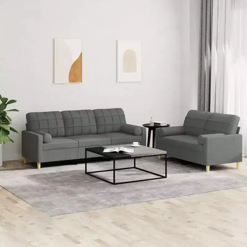 vidaXL Dark Gray Fabric Sofa Set - Modern 2-Piece Living Room Furniture - Includes 2-Seater, 3-Seater, Throw Pillows and Cushions