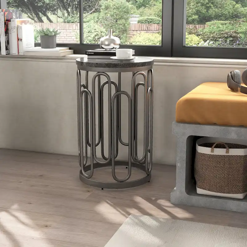 Round Marble Top End Table with Decorative Iron Base, Pewter Finish, 13.34