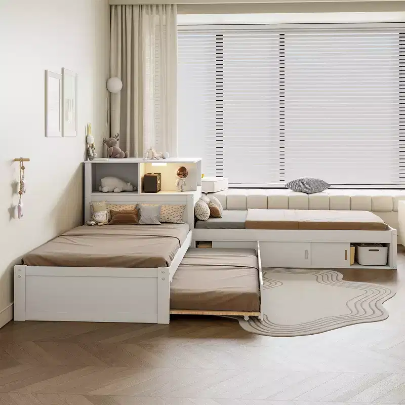 GDFStudio Parker L-Shaped Platform Bed with Storage Cabinets, Desk, Trundle and LED Light, Twin Size