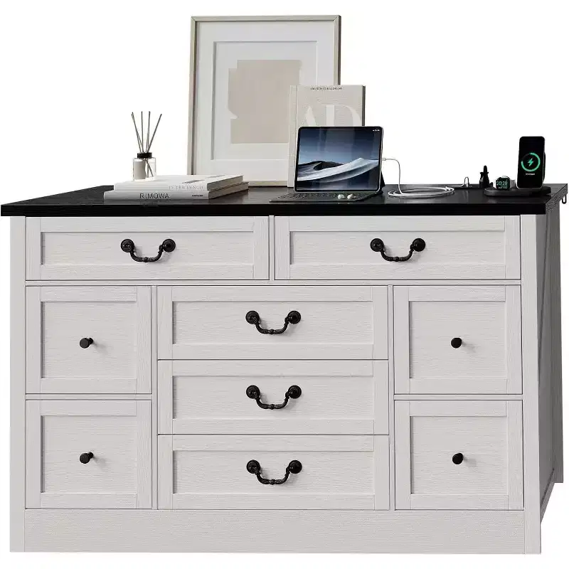 9 Farmhouse Dresser with Charging Station & Metal Handle, Wooden Tv Stand with Dressers