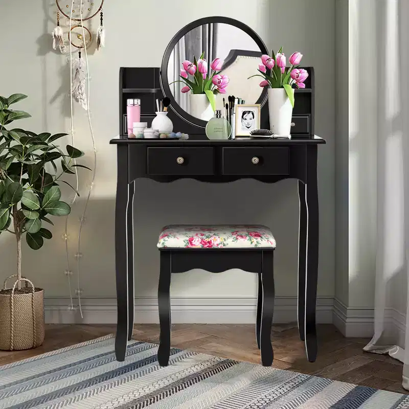 Makeup Vanity Table with Drawers and Oval Mirror
