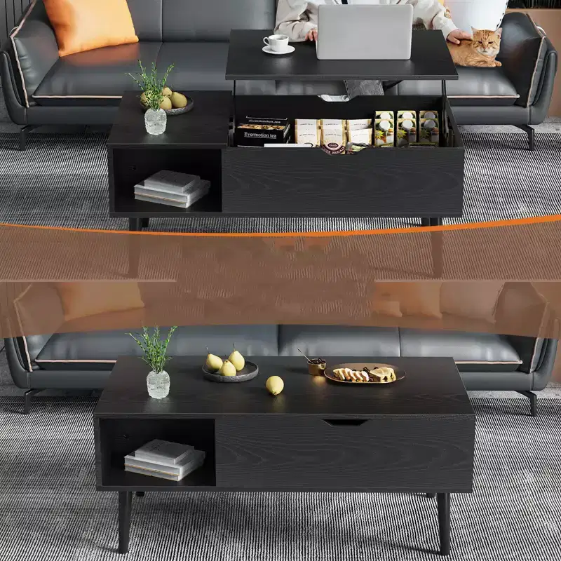 Lift-Top Coffee Table with Hidden Storage, MDF Top & Metal Legs, Black, 39.37