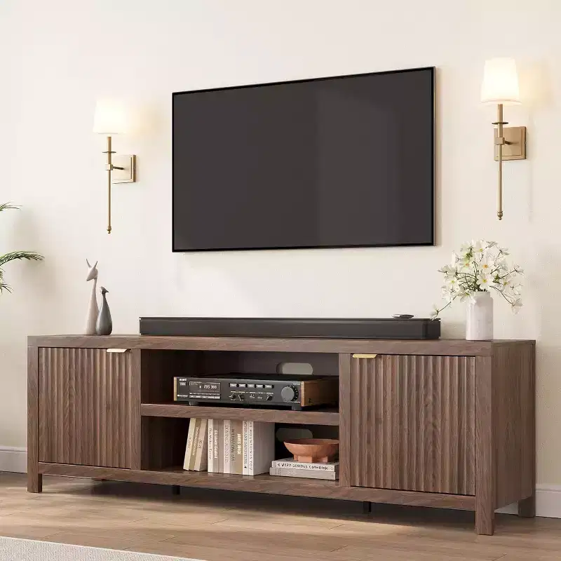 Fluted TV Stand for 80 inch, Modern Entertainment Center with Adjustable Shelves, TV & Media Cabinet 2-Tier Storage for Living Room Bedroom