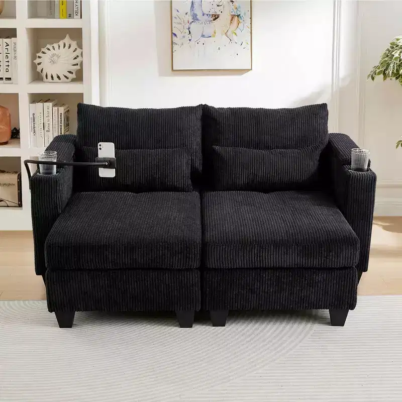 Convertible Chaise Loveseat Sofa Bed, Corduroy Sleeper Sofa with Ports and Two Cup Holders, Black