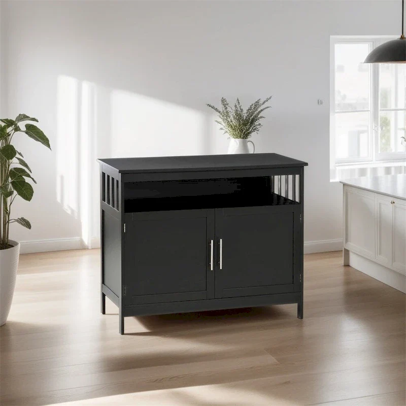 2-Door Buffet Cabinet with Open Shelf & Magnet Doors – Black, MDF, Aluminum Handles