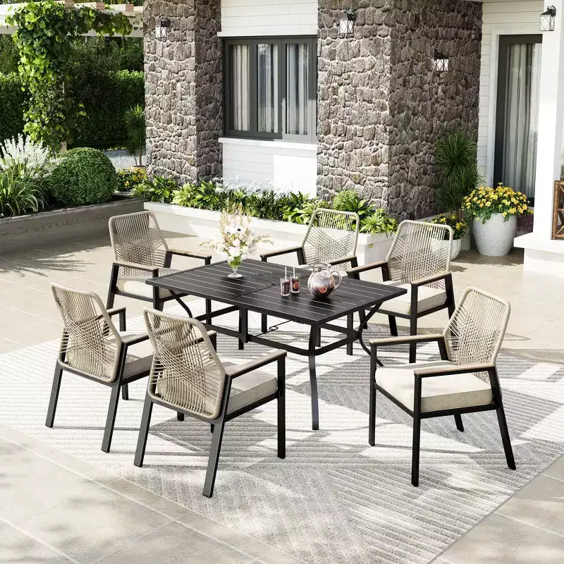Captiva Designs 7pc Outdoor Dining Rectangular Slat-top Steel Table & Beige Rattan Fixed Chairs