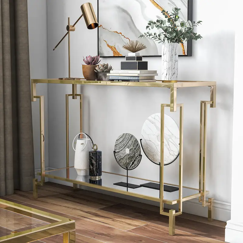 Champagne Glam Console Table with Glass Top & Mirror Shelf, 1-Shelf