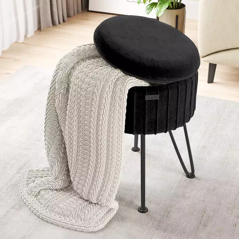 Pleated Velvet Round Storage Ottoman with Flip-Top Lid, 330 lbs Capacity