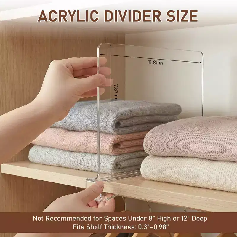 Acrylic Shelf Dividers, Clear Closet Organizers & Shelf Separators for Pantry, Wardrobe, Bookshelf, Cabinet - No-Slip Clip On Design
