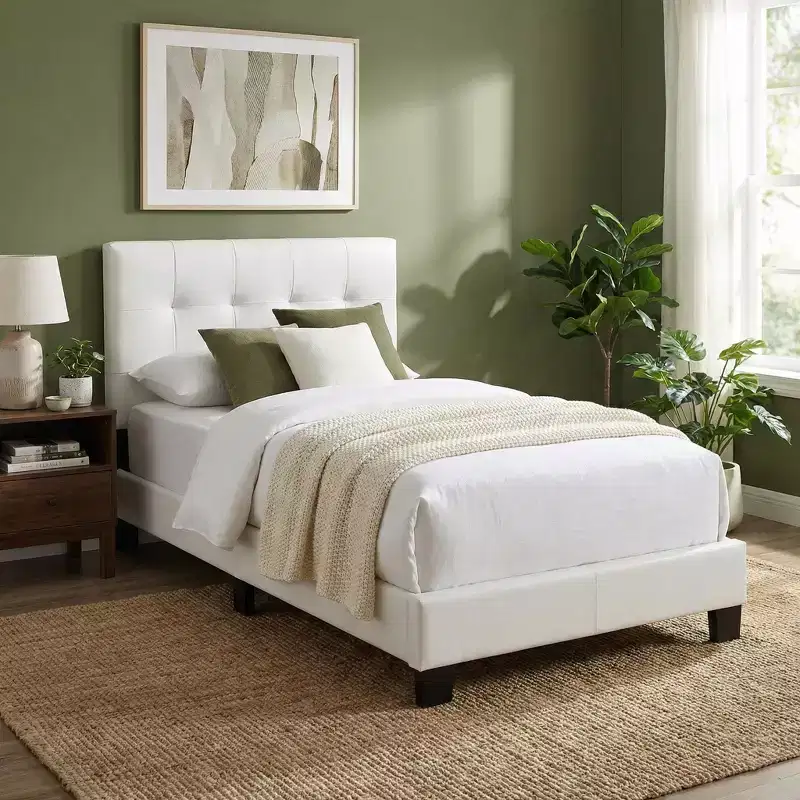 Contemporary Faux Leather Platform Bed Frame with Adjustable Rectangle Headboard, No Box Spring