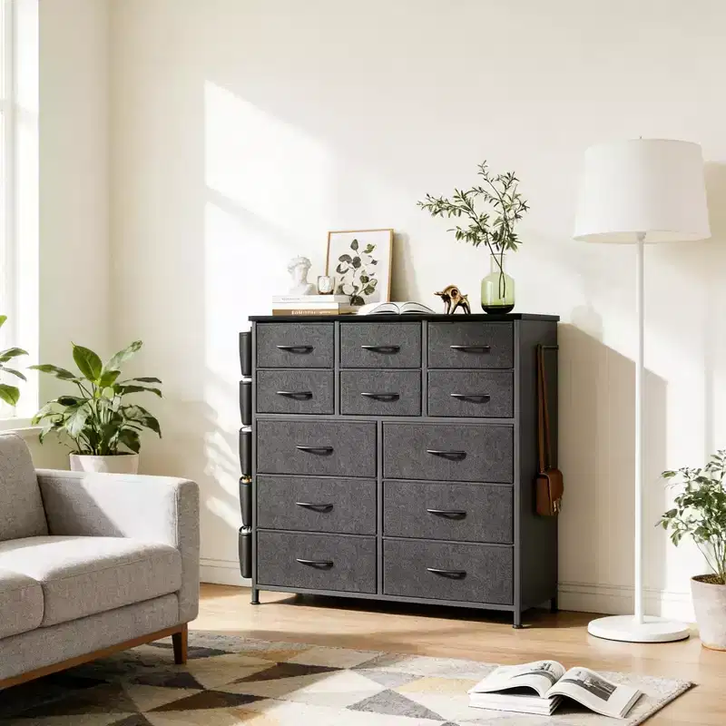12-Drawer Fabric Dresser with Bins – Tall Wood Top Storage Tower, Dark Gray
