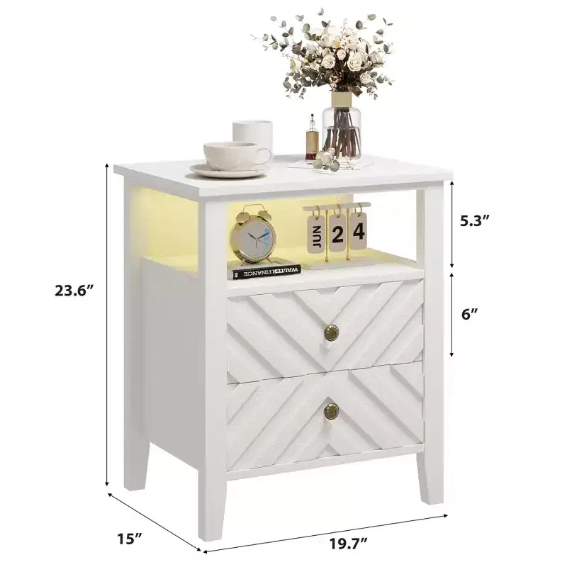 WhizMax Elegant LED Nightstand with 2 Storage Drawer and Remote-Controlled Color Lights - Perfect for Modern Bedrooms