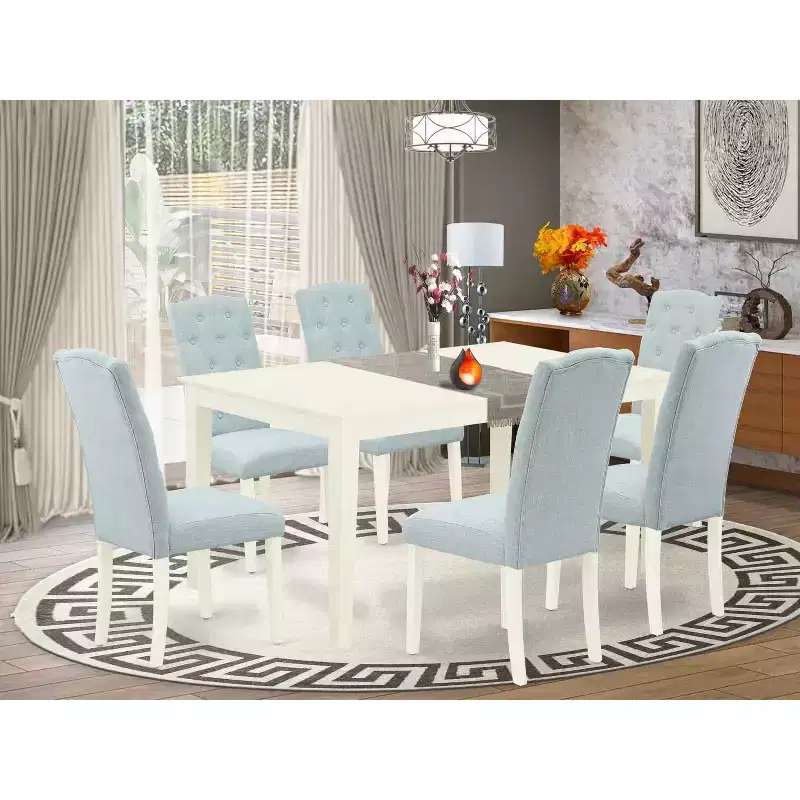 HomeStock 7-Piece Rectangle Linen White Finish Solid Wood Top Dining Table with 6-Parson Chairs