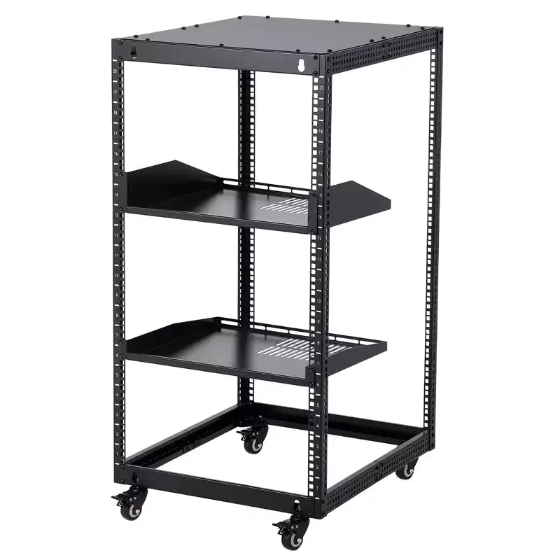 Heavy Duty Carbon Steel Open Frame Network Rack 20U  Adjustable Height 22-40in, 2 Trays, 4 Lockable Casters  Floor/Wall Mount for IT, AV Equipment