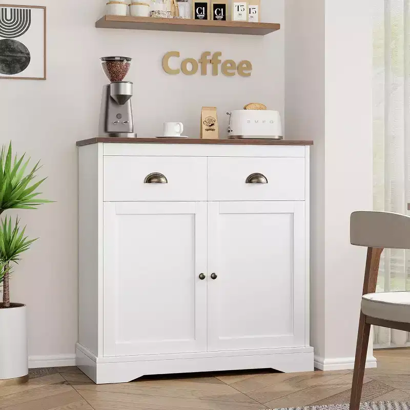 Modern Farmhouse Coffee Bar Cabinet  White Buffet with 2 Doors, 2 Drawers & Adjustable Shelf for Kitchen, Dining, or Living Room
