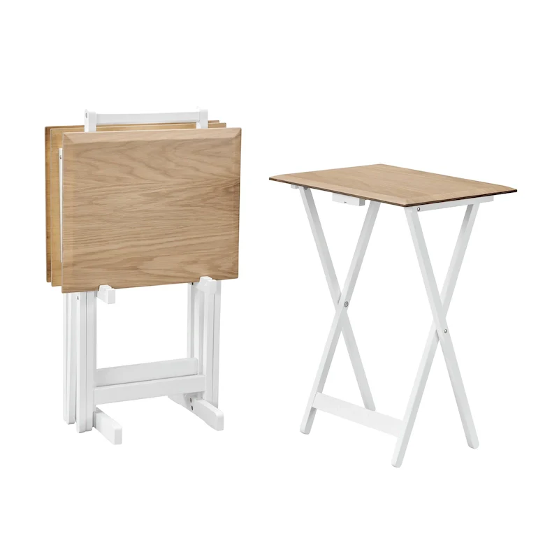 Folding Snack Tray Table Set of 4 with Stand – Grey Wash & Natural