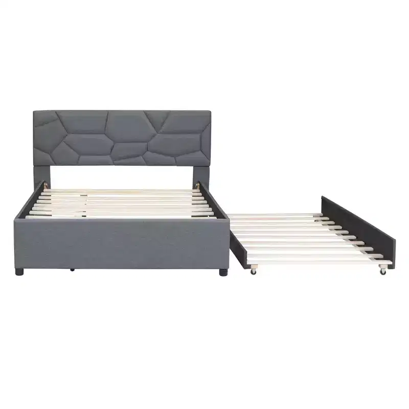 MAYEERTY Full Size Upholstered Platform Bed, Brick Pattern Headboard Twin Trundle Linen Fabric, Bedroom, Gray