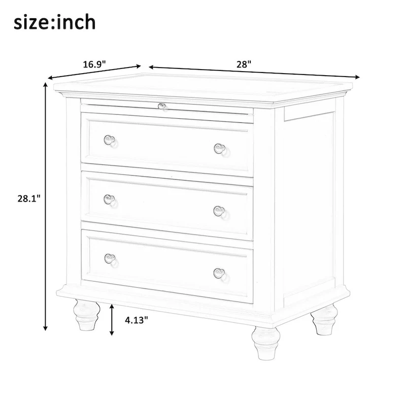 Solid Pine Wood End Table with Pull-out Tray and 3 Drawer, Easy Assembly