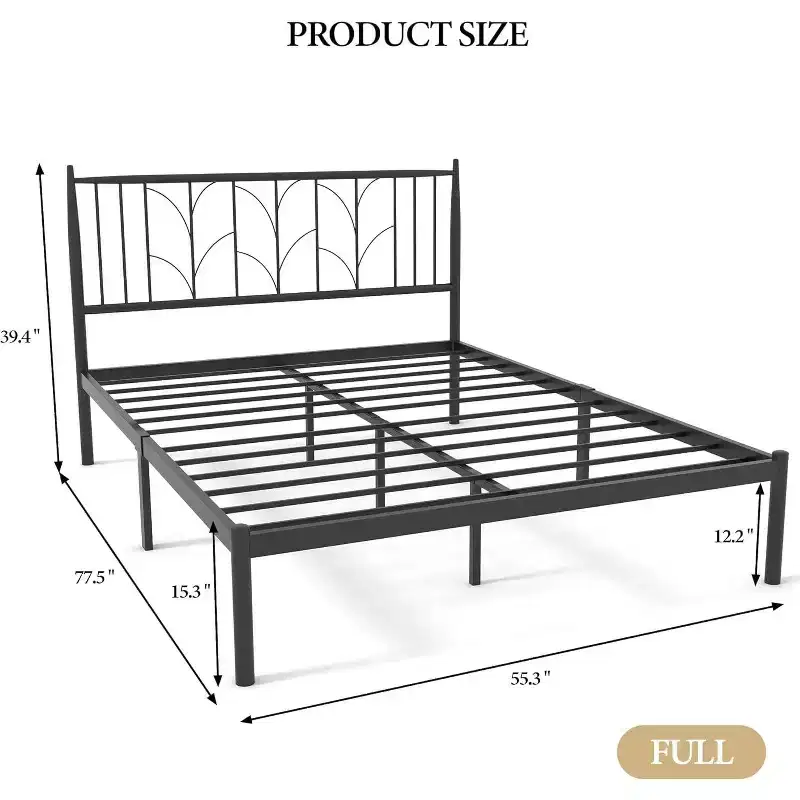 Full Bed Frame, Heavy-Duty Metal Bed Frame, Exquisite Headboard, Ample Storage Space, Sturdy Metal Slats, Easy Assembly, No Box Spring Needed, Black