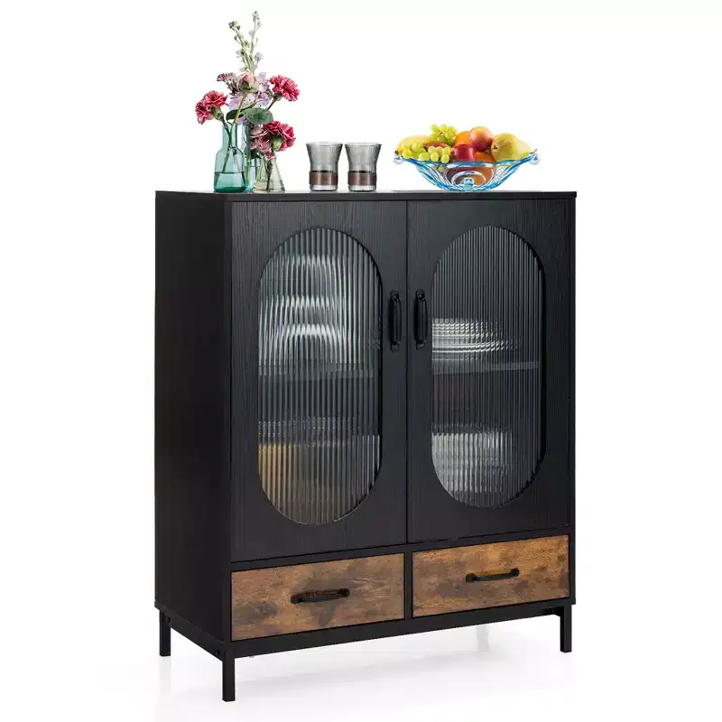 Kitchen Storage Cabinet Freestanding Buffet Sideboard with 2 Glass Doors & Drawers