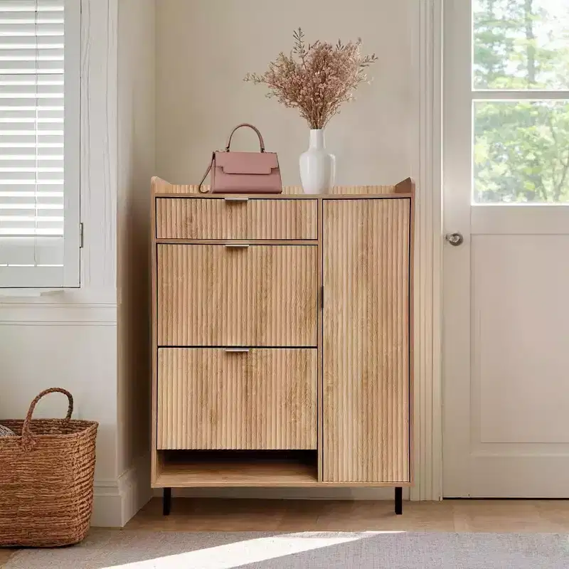 Shoe cabinet with 4 flip-top drawers, simple and elegant, freestanding wooden frame, suitable for entryways, hallways, and foyer, oak.