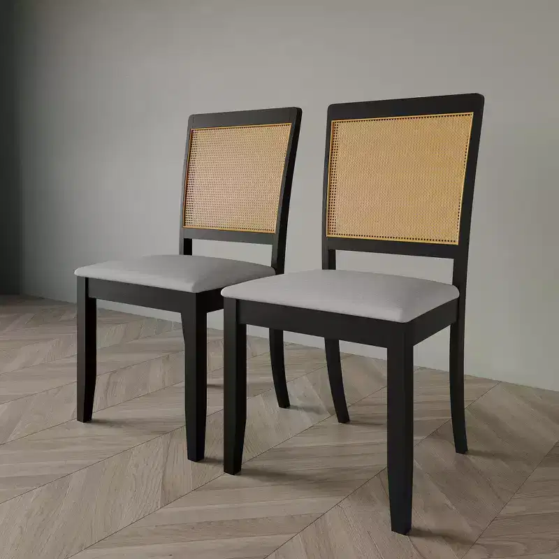 ChaletPosh Set of 2 Black Wooden Dining Chair with Cane in Light Grey Cover