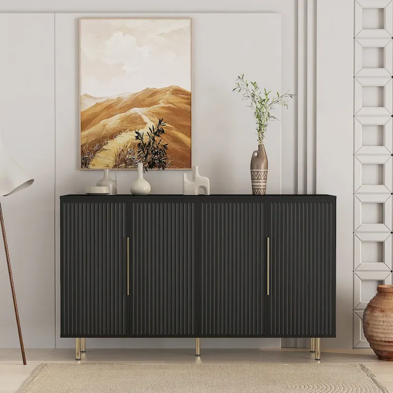 Fluted Panel Buffet Cabinet with 4 Compartments – Black / White, Metal Handles, Modern Style
