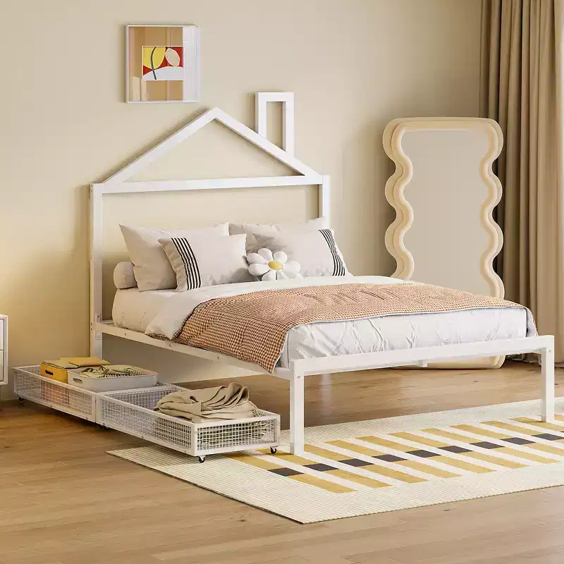 Full Size Kids House Bed with Drawer, Metal Frame, House-Shaped Headboard, White