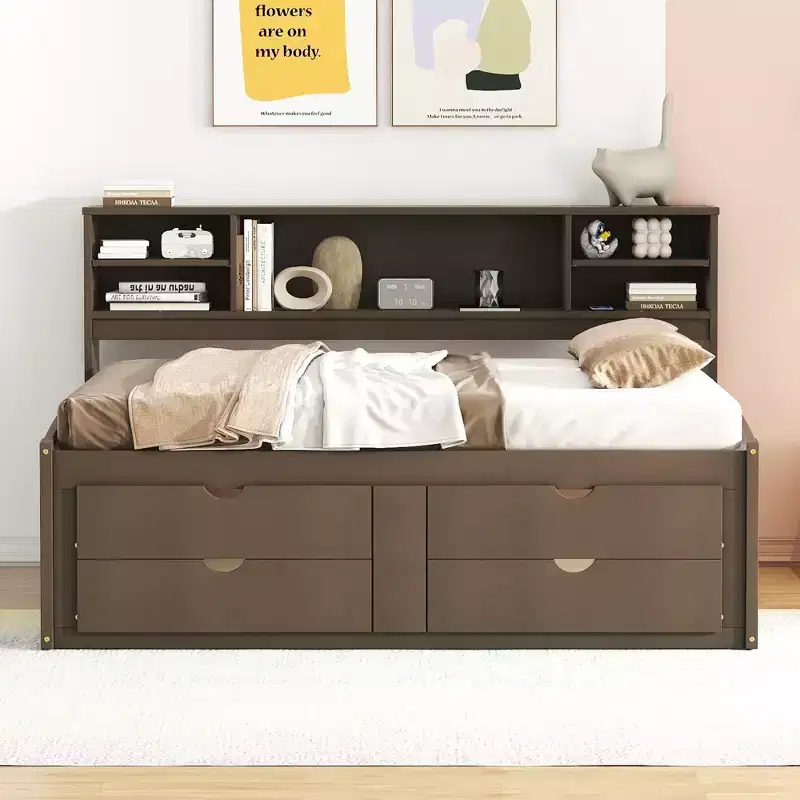Whisen Full Size Wood Daybed with 2 Bedside Cabinets, Upper Shelves and 4 Drawers