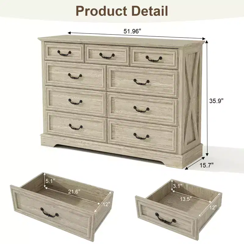 9 Drawer Farmhouse Dresser, Rustic Chest of Drawers with Ample Storage, Solid Wood Look & Metal Handles, Bedroom Clothes Organizer