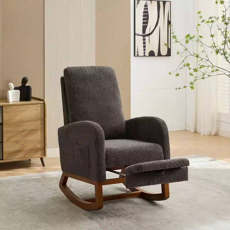 Rocking Accent Chair Living Room Chair with High Back Glider and Side Pocket Retractable Footrest Armchair for Bedroom Nursery
