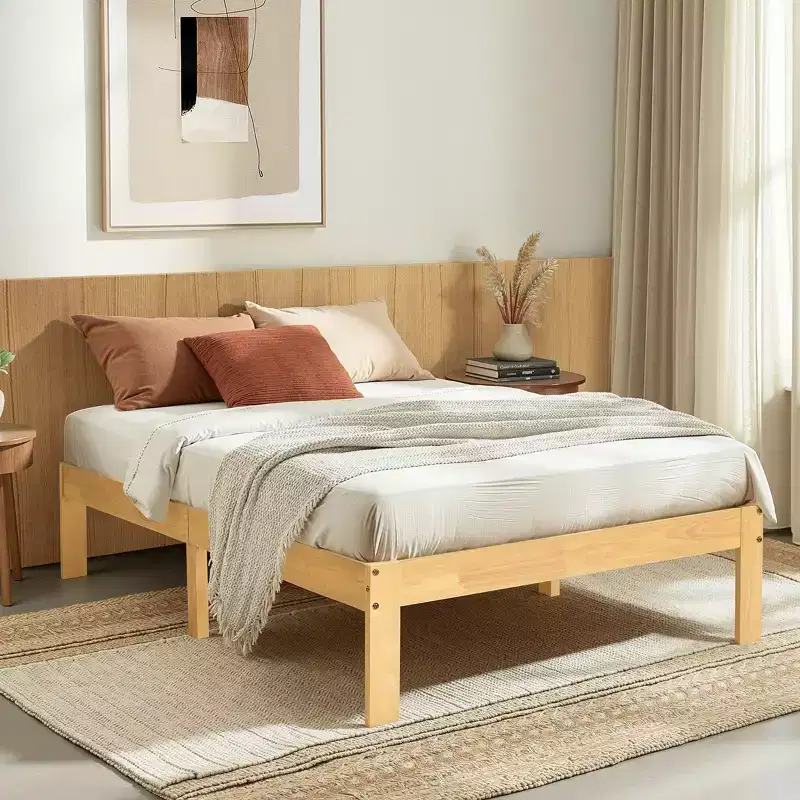 Solid Wood Platform Bed Frame with Wooden Slat Support, Wood color