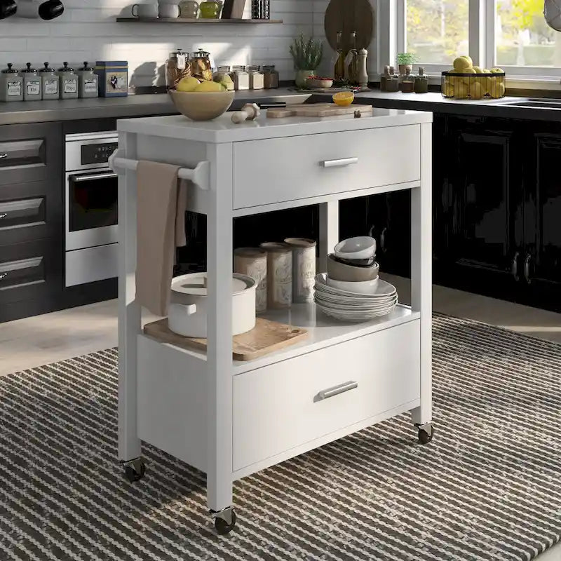 Modern 2-Drawer Caster Serving Cart with Towel Bar