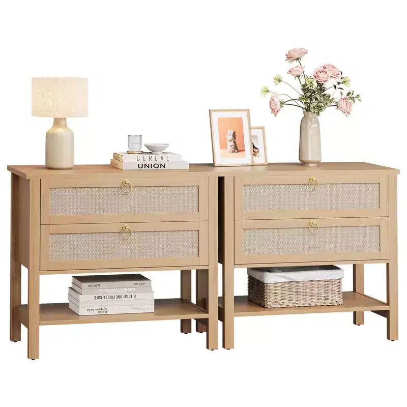 Nightstand Set of 2, Rattan Bedside Table with 2 Drawers, Sofa Side Table for Small Spaces, Narrow Bedside Table, Accent End Table for Living Room