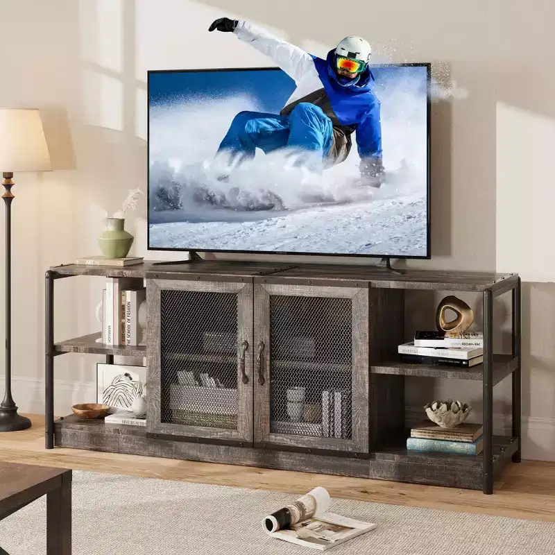 Farmhouse TV Stand for 65/75 Inch TVs, Entertainment Center with Storage Cabinet and Mesh Doors, Industrial Media Console Table, Oak