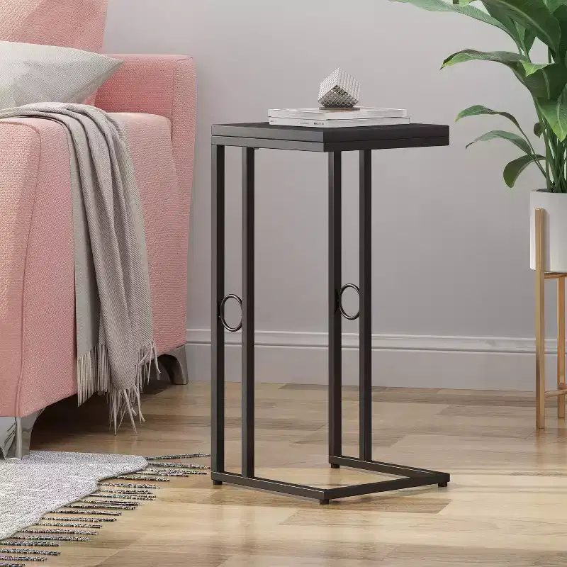 Modern Faux Wood and Iron C-Shaped Side Table for Living Room or Bedroom