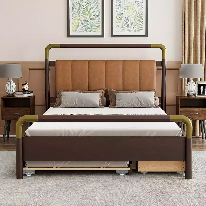 Queen Size Storage Platform Bed with 2 Drawers, T-XL Trundle & PU Upholstered Headboard, White/Walnut