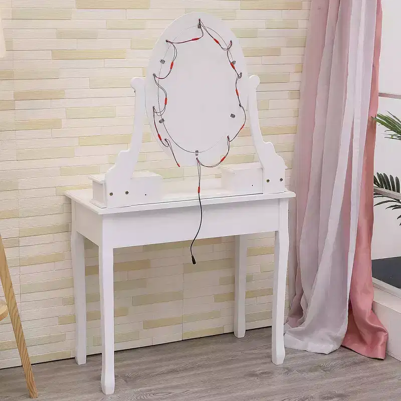 Modern vanity table with oval mirror  3-level adjustable lighting, 5 large-capacity drawers, with padded stool  bedroom makeup desk